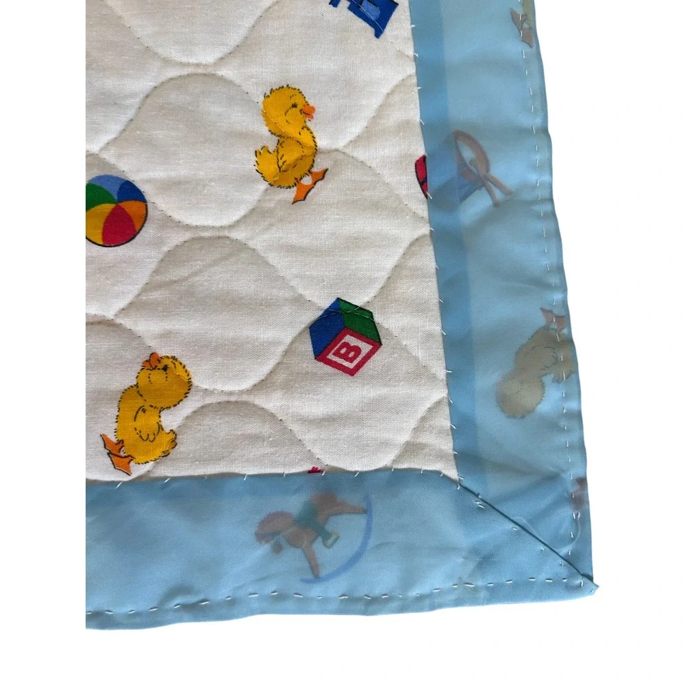 Vintage Baby Quilt Blanket Satin Trim Alphabet Teddy Bear Train Nursery‎ 34x44